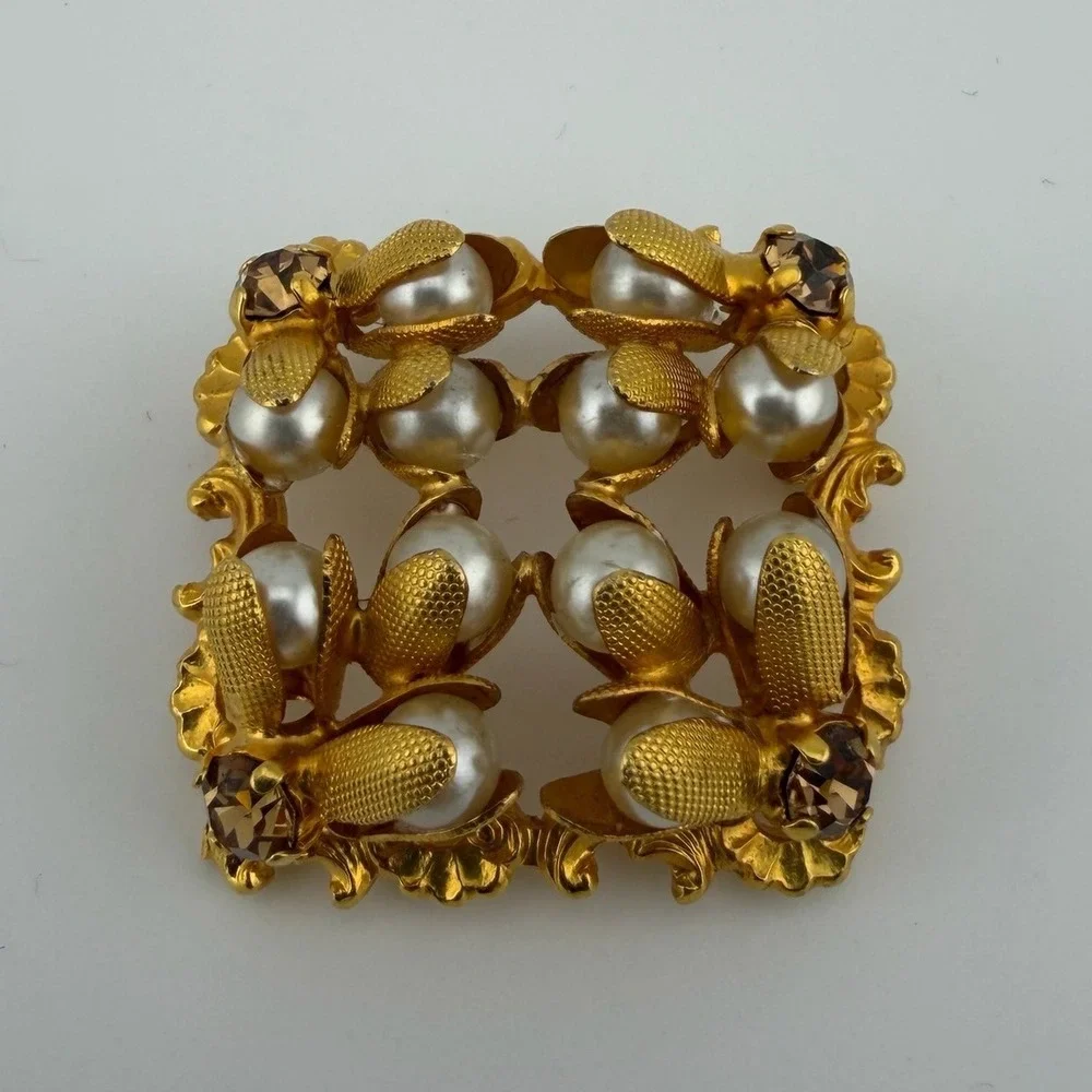 Vintage Gold Tone Faux Pearl Smoky Topaz Rhinestone Square Openwork Brooch Pin